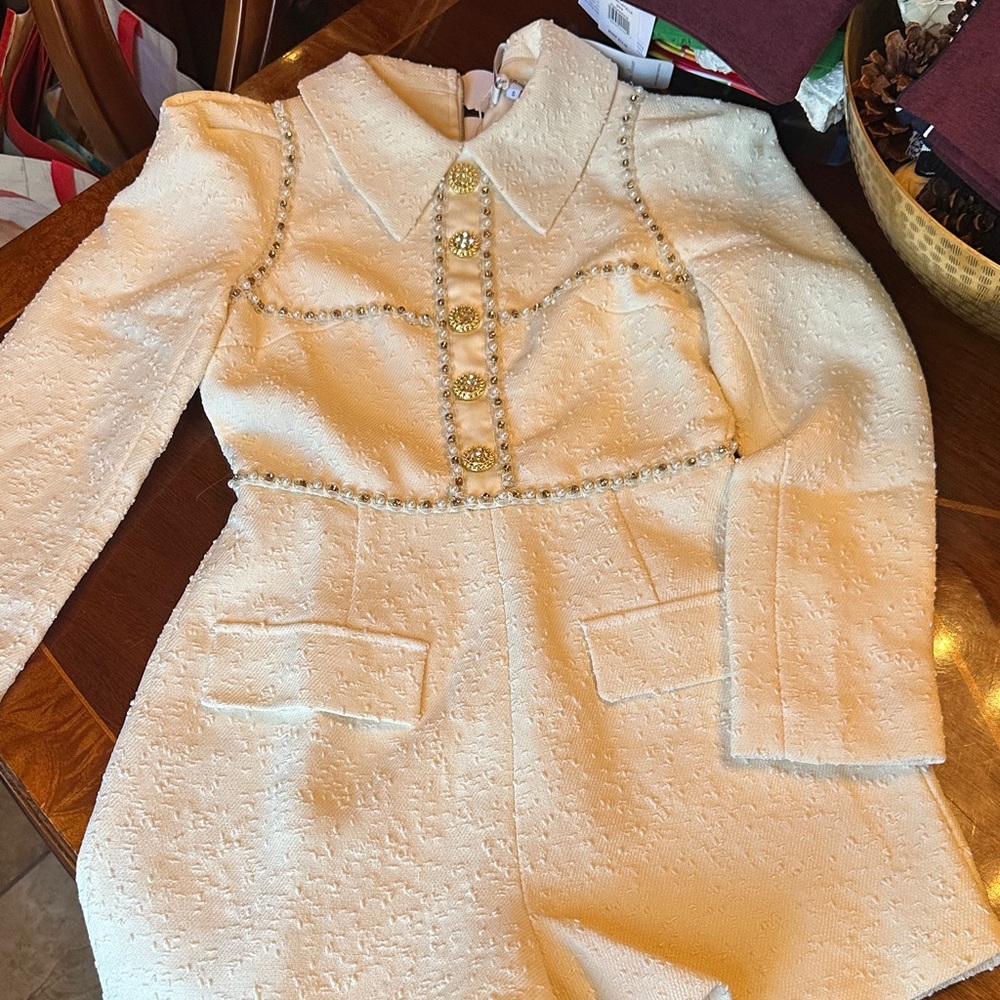 Cream Embellished Tweed Blazer romper